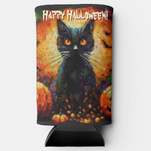 Black Cat Bats Pumpkins Whimsical Personalized Seltzer Can Cooler