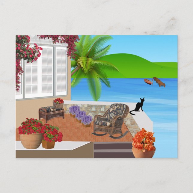 BLACK CAT BEACH PATIO 002 HAPPY VACATION BACKGROUN POSTCARD (Front)