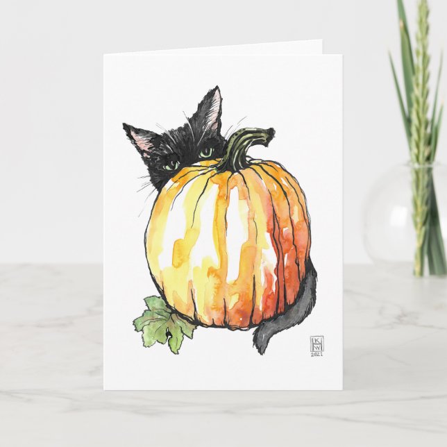 Black Cat Behind a Pumpkin Folded Thank You Card (Front)