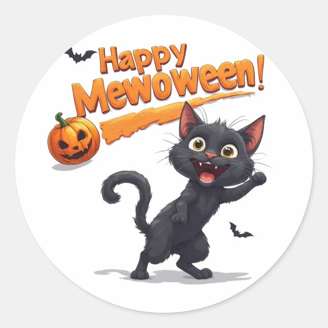 Black Cat Behind Pumpkin Halloween 🎃 Classic Round Sticker (Front)