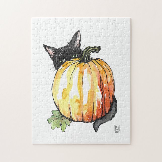 Black Cat Behind Pumpkin Puzzle (Vertical)