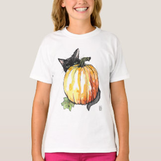 Black Cat Behind Pumpkin Tee Shirt