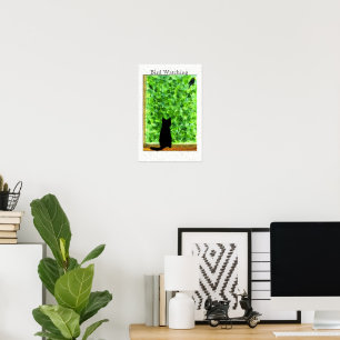 Black Cat Bird Watching Fun Animal Art Poster