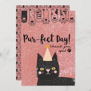 Black Cat Birthday Hat Pink Glitter Purfect Day Thank You Card