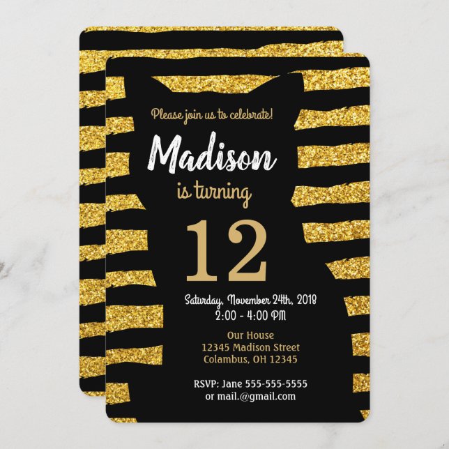 Black Cat Birthday Invitation / Glam / Glitter (Front/Back)