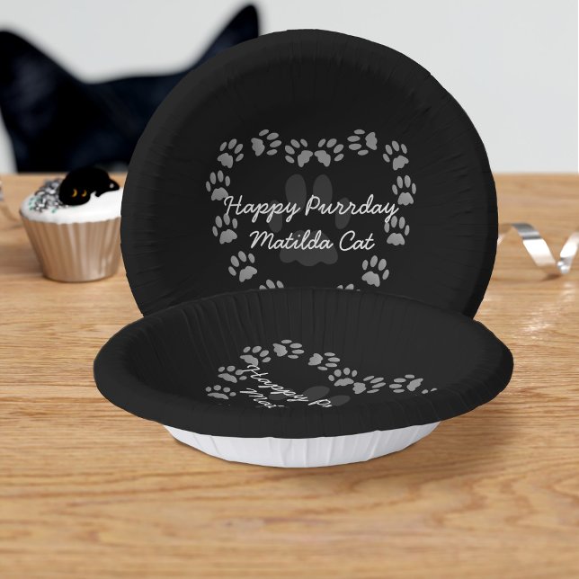 Black Cat Birthday Paw Print Heart Paper Bowls Paper Plate (Purrfect paper bowl for your purrday party. Just add your name)