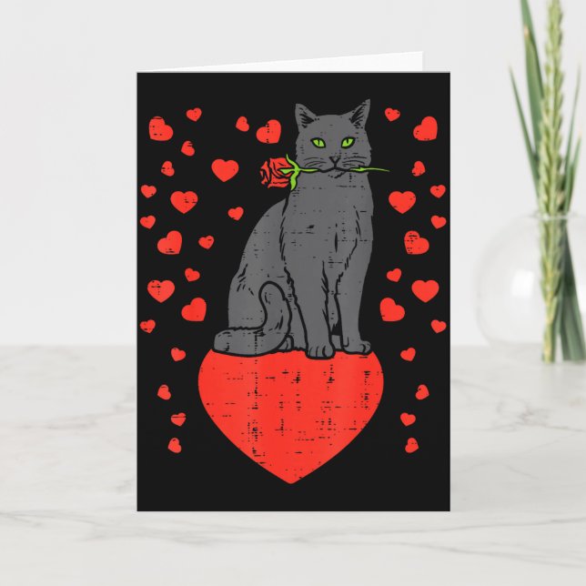 Black Cat Biting Rose Hearts Valentines Day Animal Card (Front)