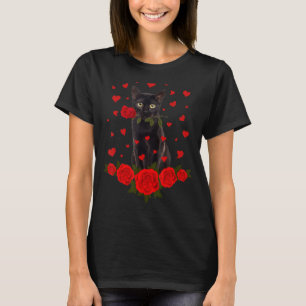 Black Cat Biting Rose Hearts Valentines Day Animal T-Shirt