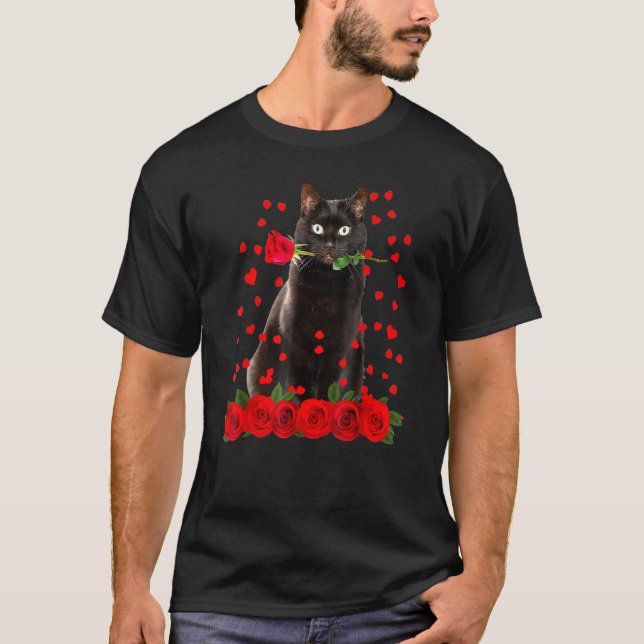 Black Cat Biting Rose Hearts Valentines Day Animal T-Shirt (Front)