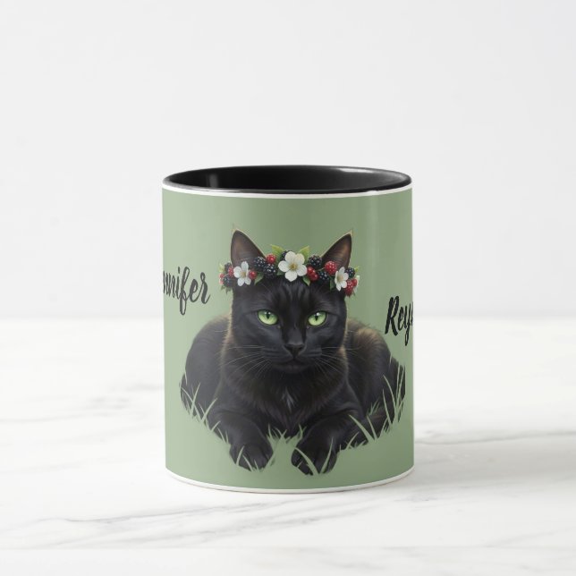 Black Cat / Blackberry Blossom Crown Personalised Mug (Center)