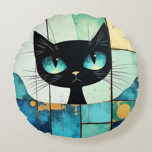 Black Cat Block art Round Cushion (Front)