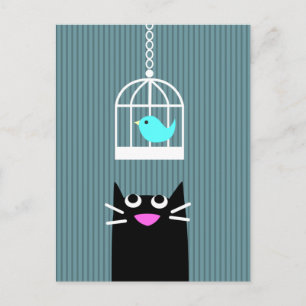 Black Cat & Blue Bird in Birdcage Postcard