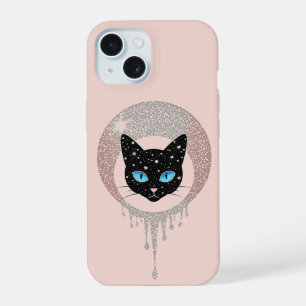 Black Cat Blue Eyes Minimal Gothic Portrait iPhone 15 Case
