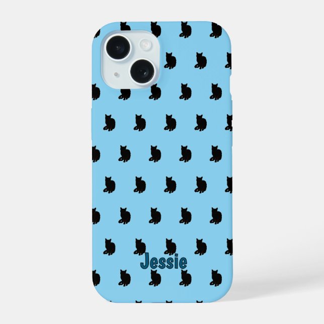 Black Cat (Blue) iPhone 15 Case (Back)