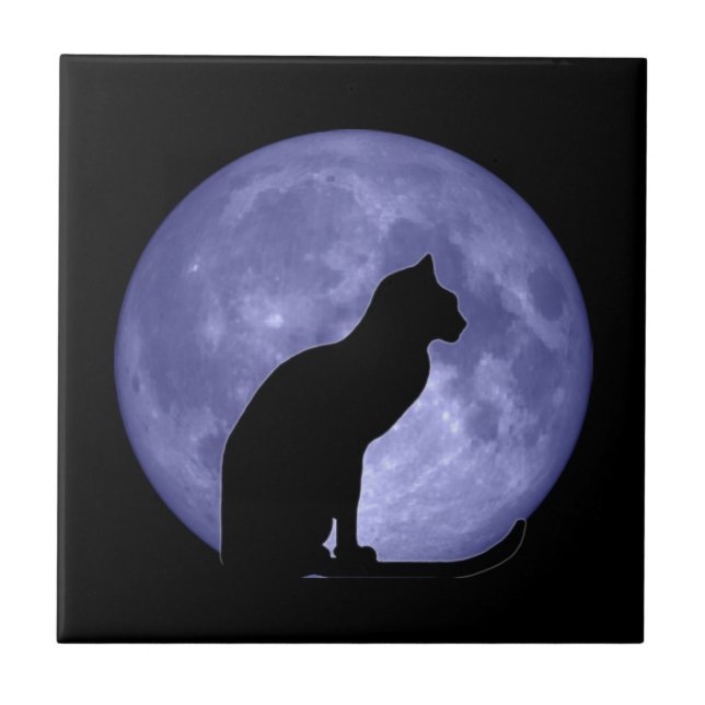 Black Cat Blue Moon Tile Trivet (Front)