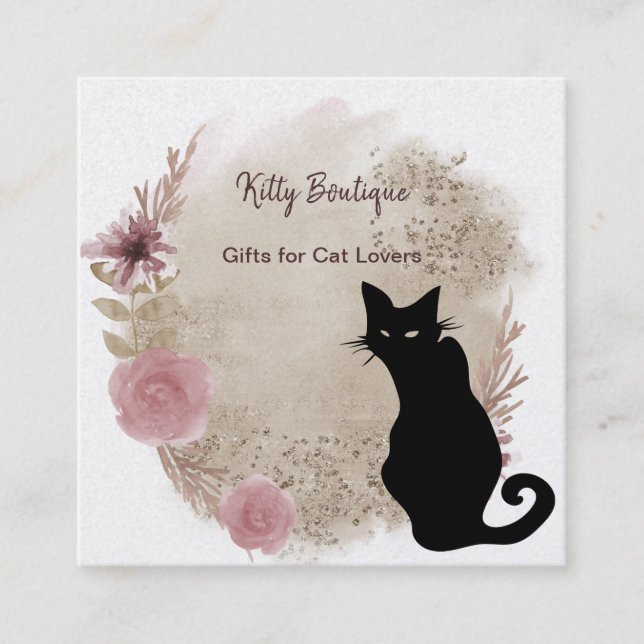 Black Cat Boho Watercolor Square Business Card (Front)