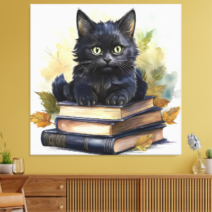 Black Cat Book Stack Canvas Print