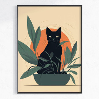 Black Cat Botanical Minimal Plant Lover Poster