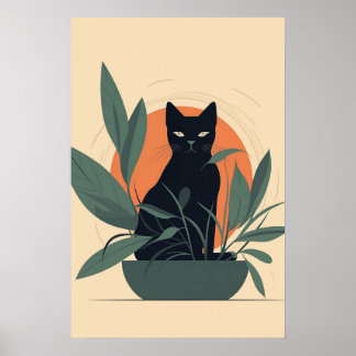 Black Cat Botanical Minimal Plant Lover Poster