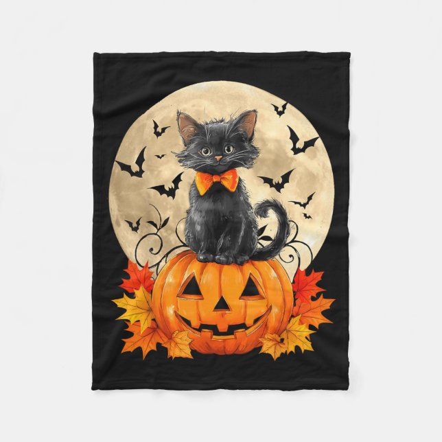 Black Cat Bow Pumpkin Halloween Autumn Fall Men Fleece Blanket (Front)