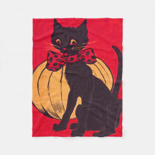Black Cat Bowtie Pumpkin Vintage Fleece Blanket