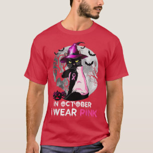 Black Cat Breast Cancer In October I Wear Pink Hal T-Shirt