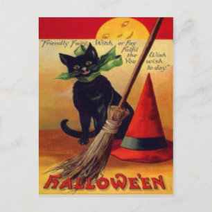 Black Cat Broom Witch's Hat Full Moon Postcard