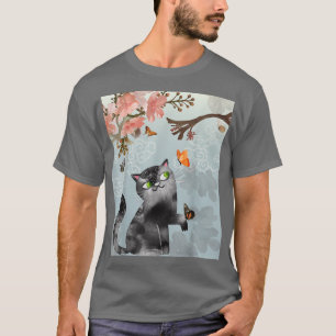Black Cat & Butterflies Under Cherry Blossom Sakur T-Shirt