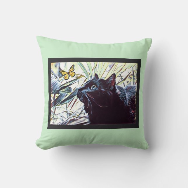 Black Cat & Butterfly (on mint background) Cushion (Front)