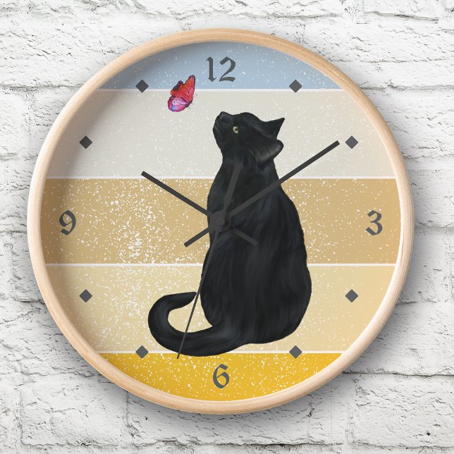 Black Cat Butterfly Retro Sunset Clock (Creator Uploaded)