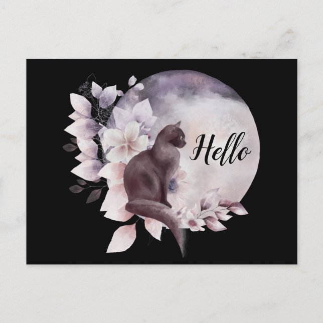 Black Cat by a Magical Full Moon Hello Postcard (Front)