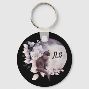 Black Cat by a Magical Full Moon Key Ring