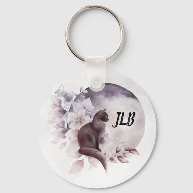 Black Cat by a Magical Full Moon Key Ring (Front)