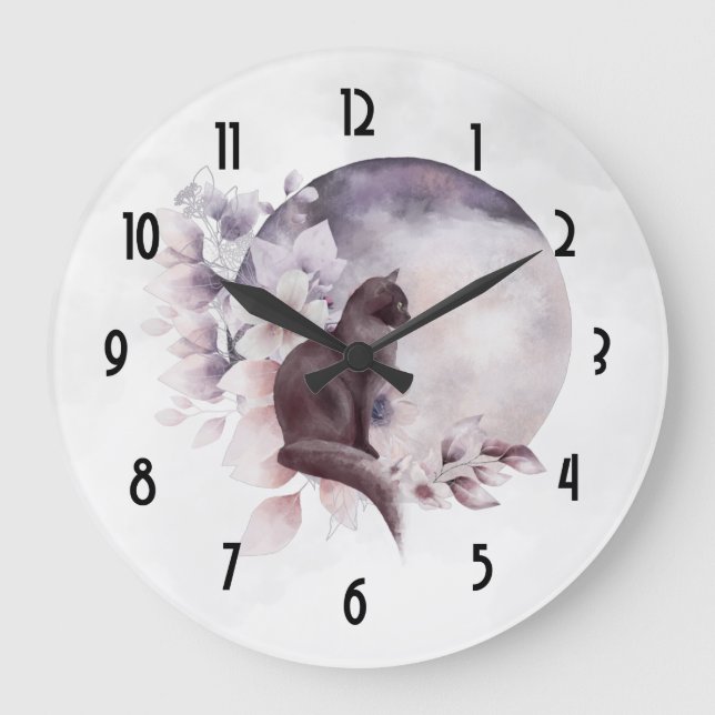 Black Cat by a Magical Full Moon Large Clock (Front)