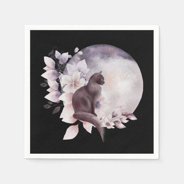 Black Cat by a Magical Full Moon Napkin (Front)