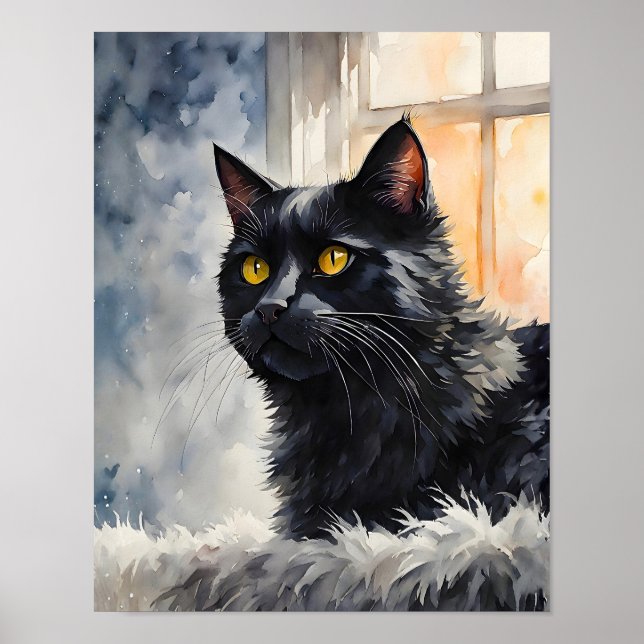 Black Cat by Window Art Print Cozy Feline Wall Art (Front)