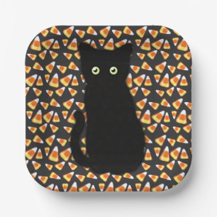 Black cat, Candy corn pattern, Halloween fun Paper Plate