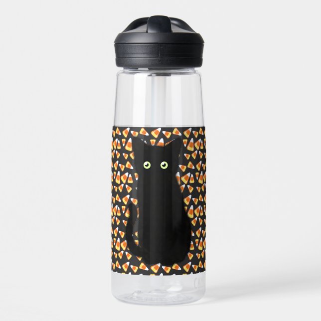 Black cat, Candy corn pattern, Halloween fun   Water Bottle (Front)