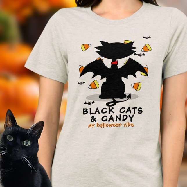 Black Cat & Candy Halloween Vibe Tri-Blend T Shirt (All about black cats and candy? Here's your next Halloween Shirt!)