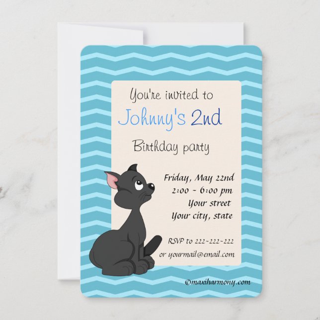 Black cat cartoon birthday print invitations (Front)