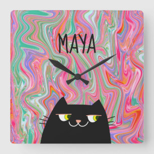 Black Cat Cartoon Face , Liquid Art , Pink Square Wall Clock