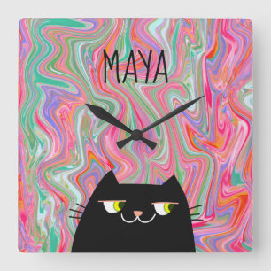 Black Cat Cartoon Face , Liquid Art , Pink Square Wall Clock