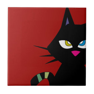 Black Cat Cartoon on Red Tile