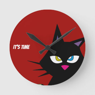Black Cat Cartoon Round Clock