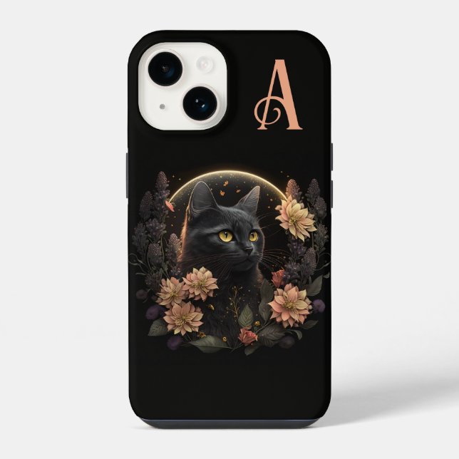 Black Cat Celestial Floral Monogram iPhone Case (Back)