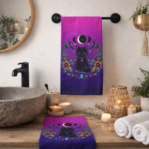Black Cat Celestial Mystical Purple Pink Bath Towel Set