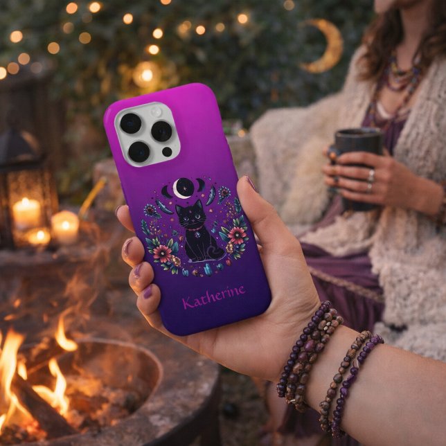 Black Cat Celestial Mystical Purple Pink iPhone Case (Creator Uploaded)