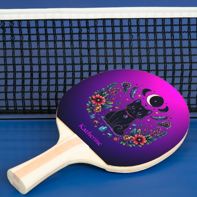 Black Cat Celestial Mystical Purple Pink Ping Pong Paddle (Insitu)