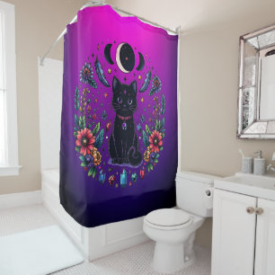 Black Cat Celestial Mystical Purple Pink Shower Curtain