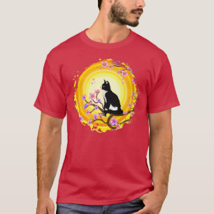 Black Cat Cherry Blossom Japanese Sakura Tree Wome T-Shirt